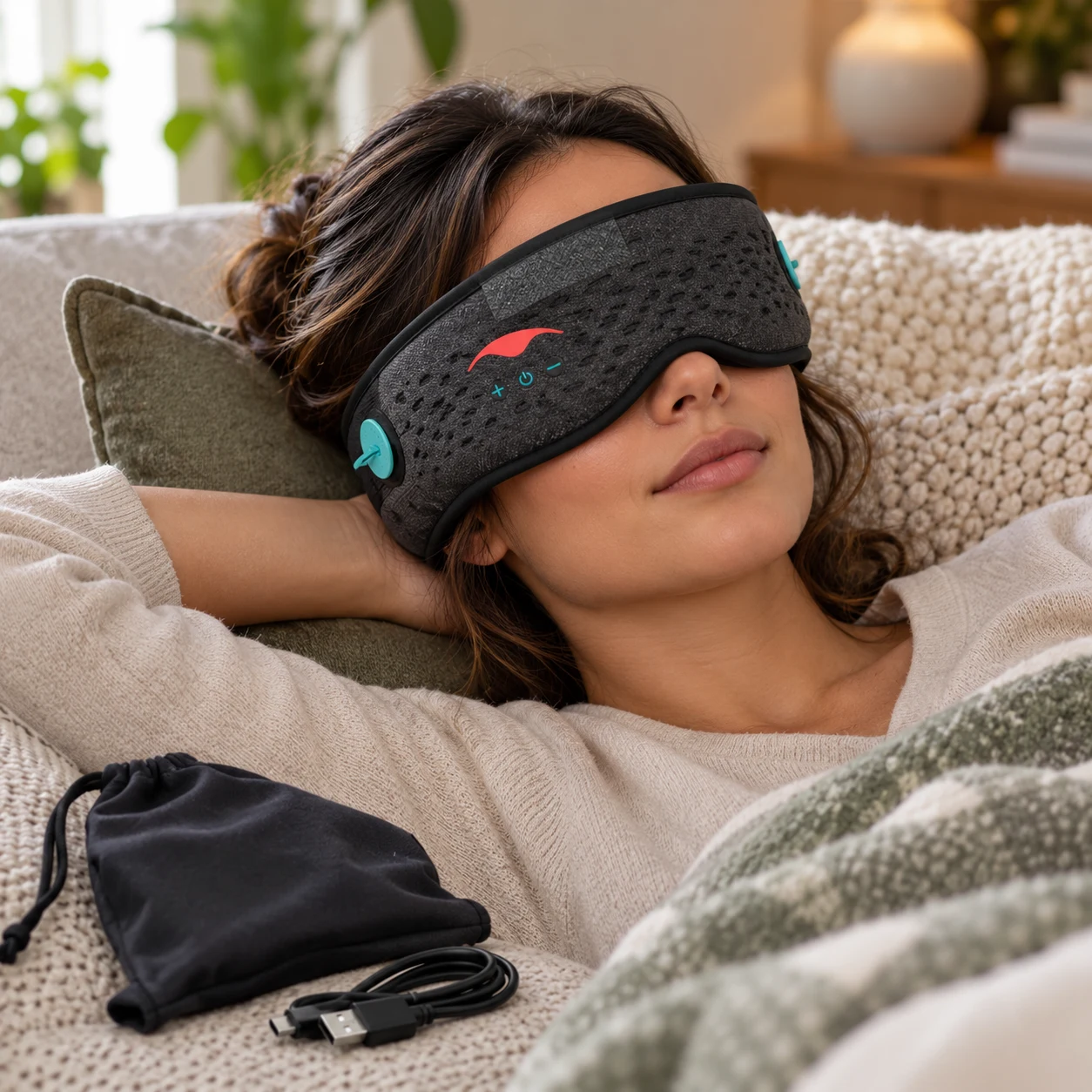 Manta SOUND Sleep Mask (Previous Gen) worn in a realistic everyday setting